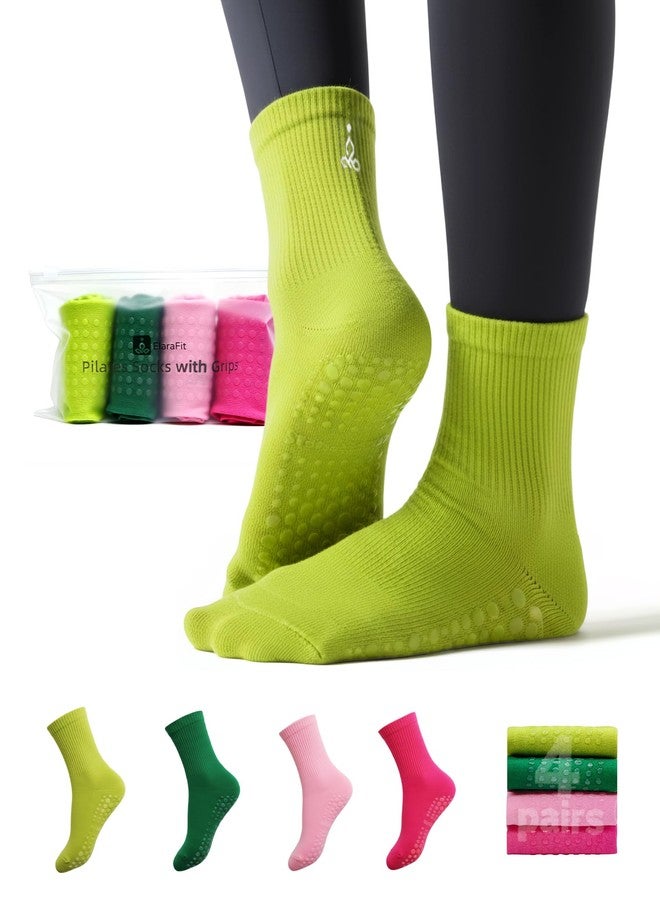ElaraFit 4 Pack Pilates Grip Socks for Women with Grips Non Slip Yoga Socks for Pilates Reformer Barre Ballet Sticky Grippy Ankle Crew Socks Pink Green - Image 1